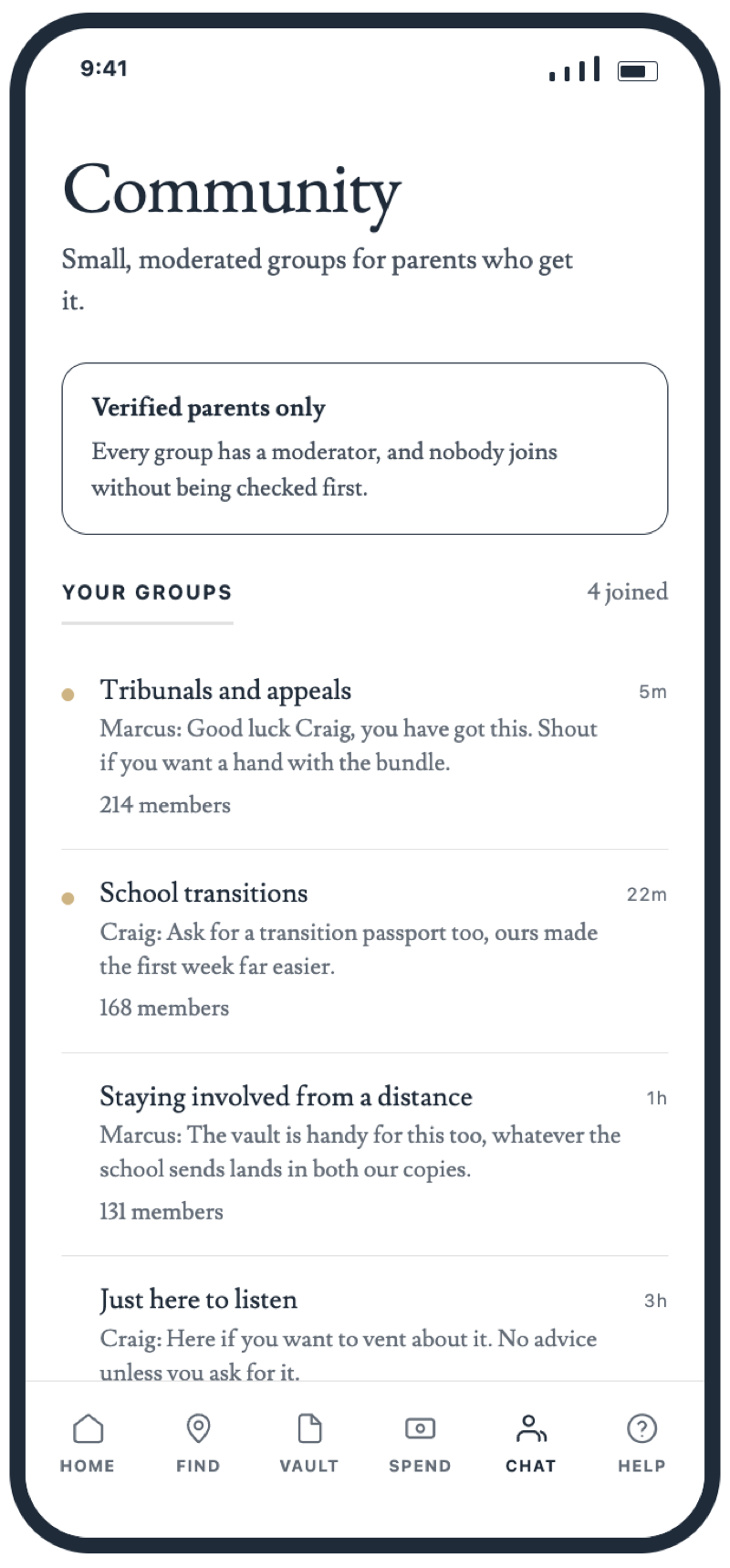 The ARI App community screen: a note that groups are verified parents only with a moderator in each, and four joined groups, Tribunals and appeals, School transitions, Staying involved from a distance, and Just here to listen, each showing its latest message and member count.