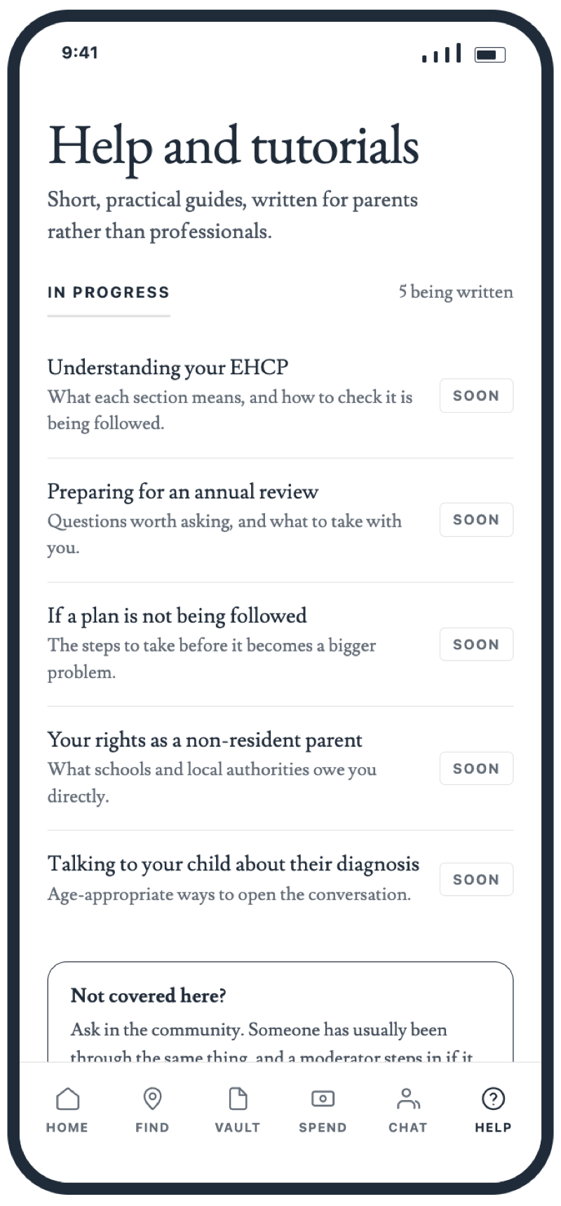 The ARI App help screen listing five practical guides being written for parents: understanding your EHCP, preparing for an annual review, what to do if a plan is not being followed, your rights as a non-resident parent, and talking to your child about their diagnosis. Each is marked as coming soon.