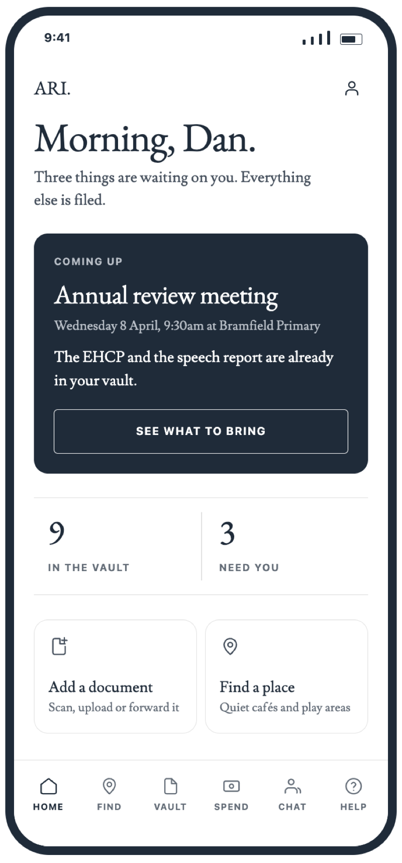 The ARI App home screen: a morning greeting, an upcoming annual review with its paperwork already filed, and shortcuts to add a document or find a place.