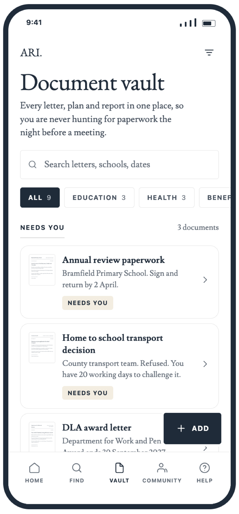 The ARI App document vault screen: a search box, filters for all, education and health, and a list headed Needs You showing annual review paperwork to sign and return, a refused home to school transport decision with twenty working days to challenge it, and a DLA award letter.