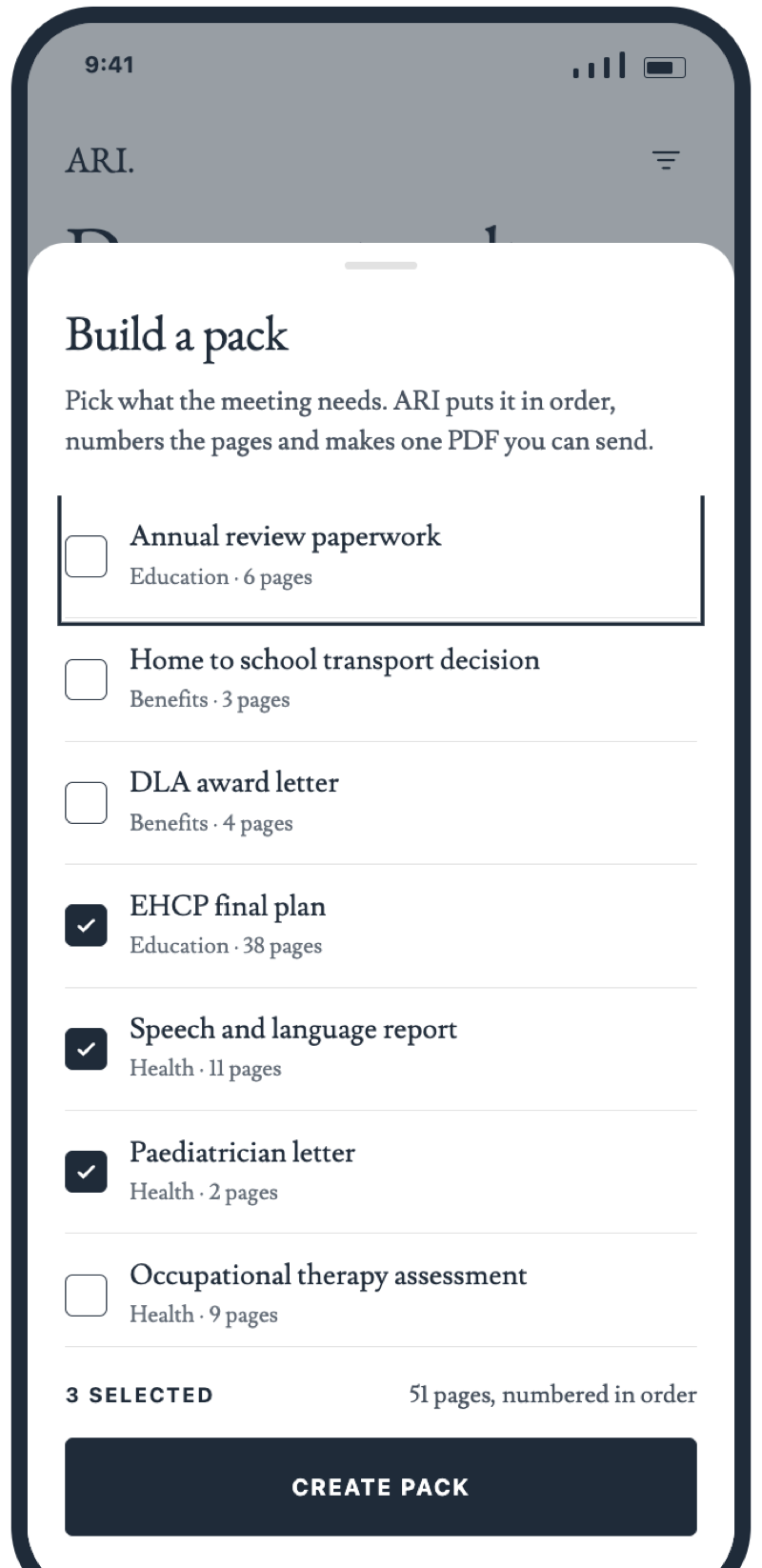The ARI App build a pack sheet: a tick list of documents to include, with a running page count and a Create pack button.